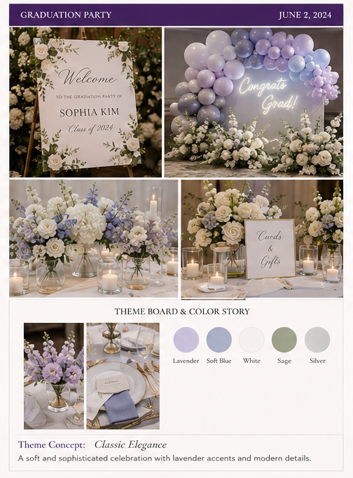 Graduation party design concept featuring welcome sign, balloon installation and centerpieces