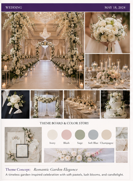 Wedding design concept featuring ceremony, bouquet, tablescape and floral details
